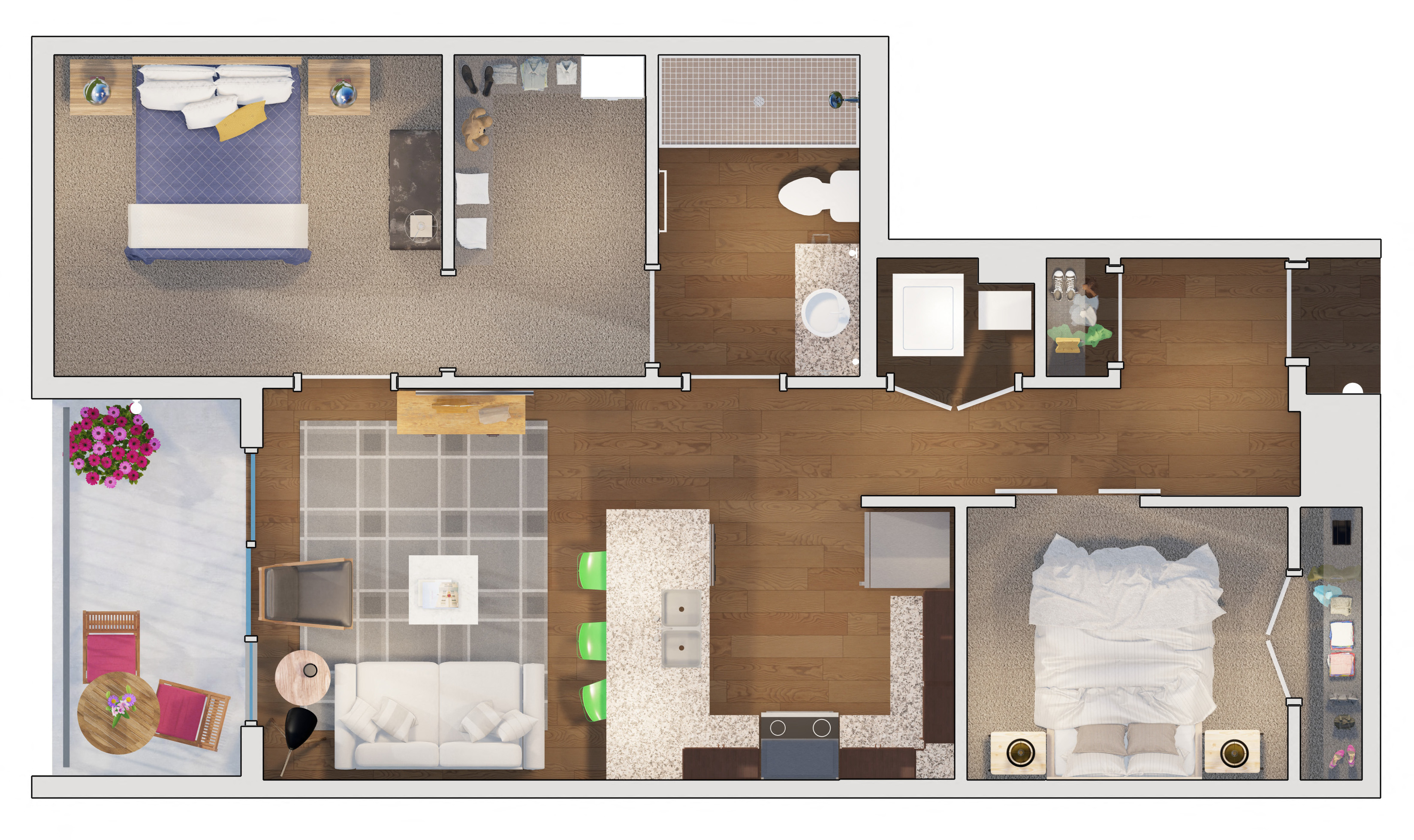 Floor plan for 2 beds, 1 bath, 930 sqft